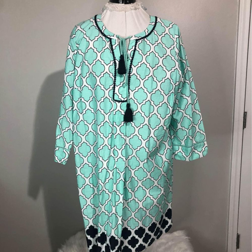 XL Crown & Ivy Womens Long Sleeve turquoise & White & Black Tunic dress C3980